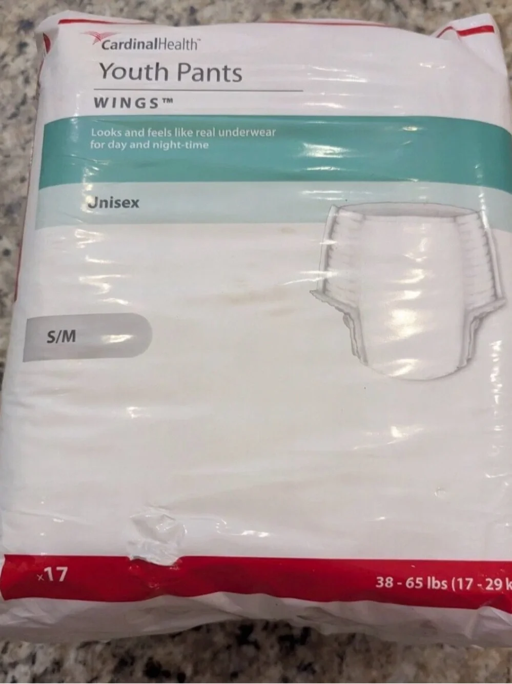 Cardinal Health Youth Pants Pull Up Diaper for Kids size S/M (38-65 lbs) 17 ct